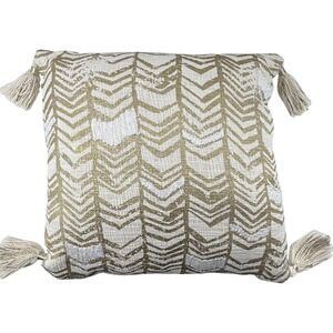 Max Studio 18x18 Throw Pillow Gold‎ Cream Chevron Tassel Boho Glam Decor